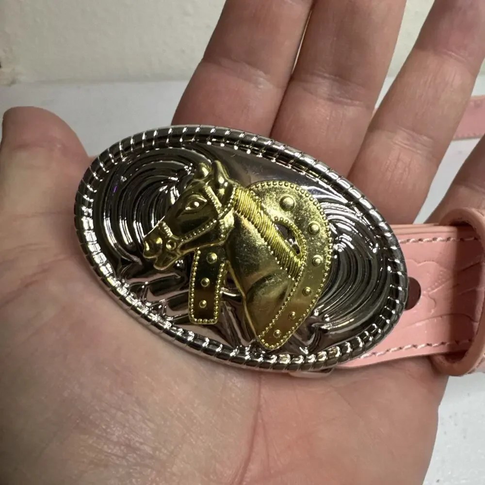 Nocona Belt Girls Mauve/Pink Horse Riding Buckle Western Cowgirl Leather Read